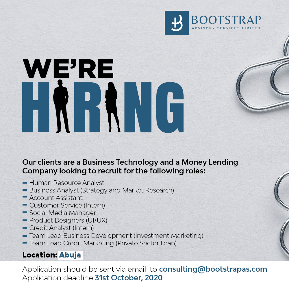 VACANCY

We are hiring!!!!

Our clients are a Business Technology and a Money Lending Company looking to recruit for the following roles

#BAS #bootstrapcareeracademy #abujajobs #abujajobseekers #jobs #hiring #vacancy #nigerianjobs #abujabusiness #businessanalyst #customerservice