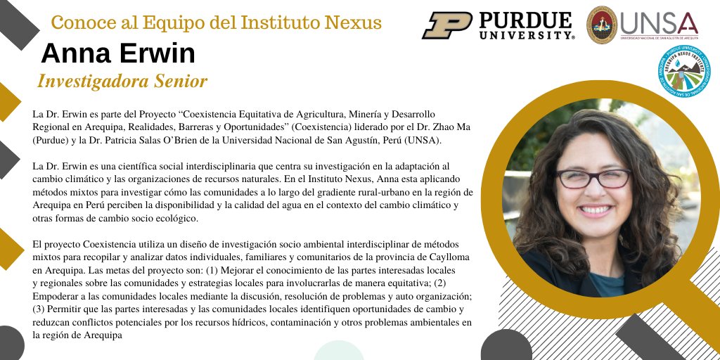 arequipa_nexus's tweet photo. La Dra. Anna Erwin del #arequipanexus proyecto “Coexistencia Equitativa de Agricultura, Minería y Desarrollo Regional en Arequipa" es la investigadora destacada de hoy! Lea sobre su fascinante trabajo junto con los miembros de su equipo, expertos de #Purdue y #UNSA https://t.co/BaeJPJDEhv