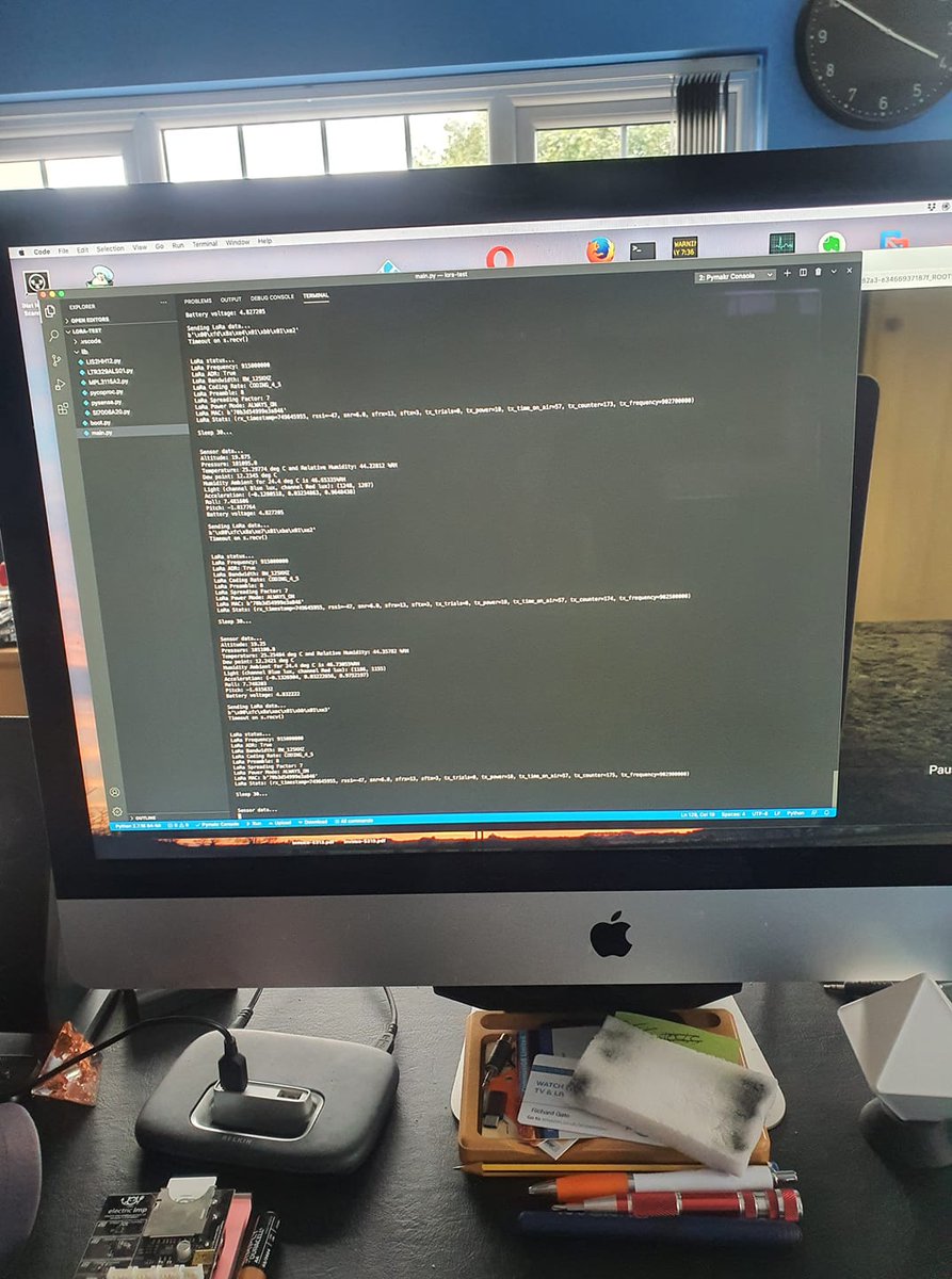 CommuniG8's tweet image. #VSCode remote console to #Pycom #LoPy4 reading #Pysense sensors and sending data over #LoRaWAN via a Gateway to Cloud #IoT powered by a bunch of #Python code and Libraries