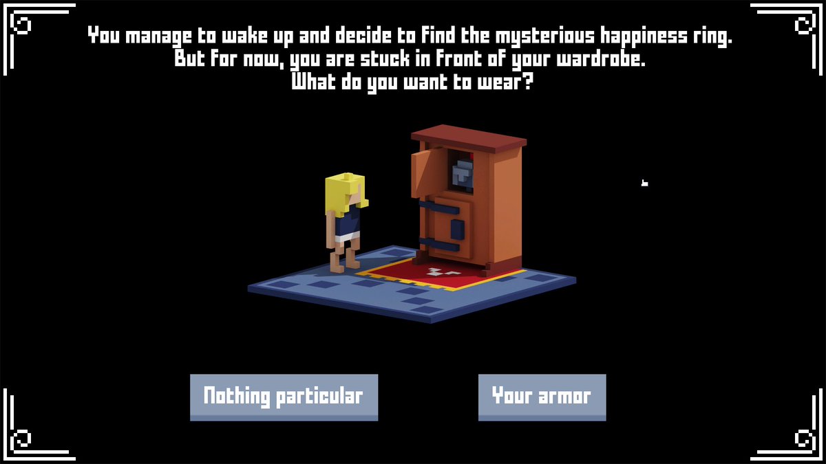 JulienLussiez's tweet photo. I made a tiny interactive fiction for the LD47 (Theme : "Stuck in a loop"). Find your way to the ring of happiness.

It's playable in your browser here and it can be finished in 60 seconds : https://t.co/h8u5vLbNII

#magicavoxel #UE4 #gamedev #indiedev #voxelart #voxel #LDJAM https://t.co/UrmeGDJJfV