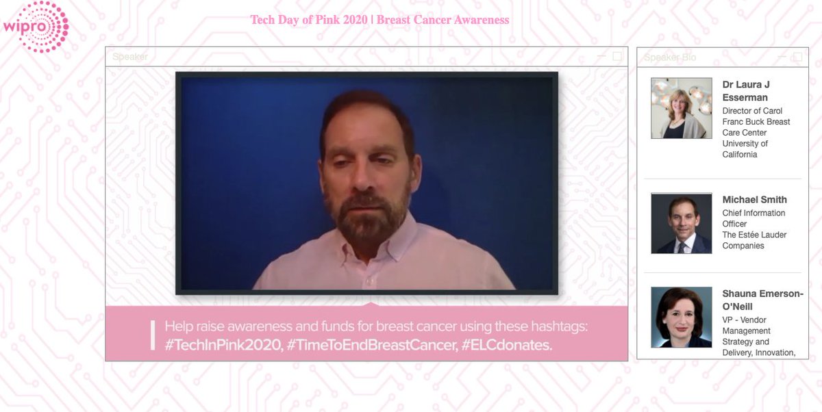Wipro's tweet image. At the @Wipro-@elcompanies-@theSVO event on #BreastCancer, @LifeWorkPassion reflects on the evolution of the #TechInPink2020 campaign into a global movement that has rallied the #technology community worldwide to come together in solidarity. #TimeToEndBreastCancer