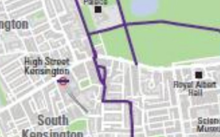 OK, not wonderfully clear, so lets zoom in to, I don't know, the area around these traffic islands. Essentially, there was a route from the south along Kensington Court which turned right onto Kensington High Street and then left into Kensington Palace Gardens 4/n