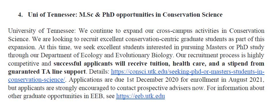 4. Uni of Tennessee: MSc & PhD opportunities in Conservation ScienceSuccessful applicants will receive tuition, health care, and a stipend from guaranteed TA line support.6/n