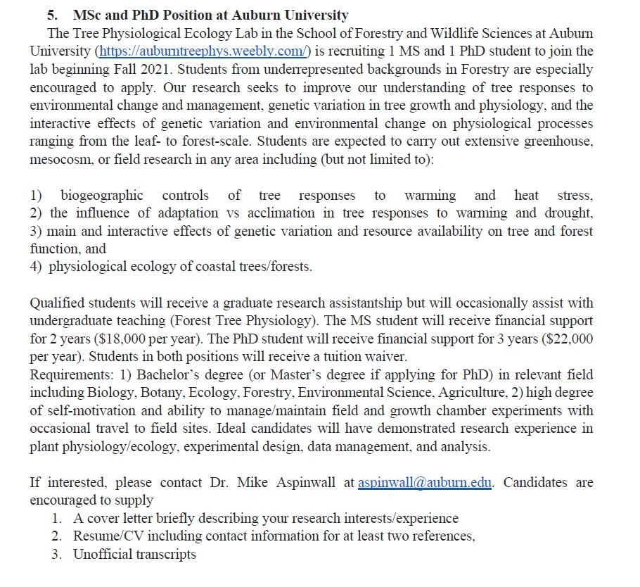 5. MSc Position at Auburn UniversityStudents will receive a graduate research assistantship but will occasionally assist with undergraduate teaching. The MS student will receive financial support for 2 years ($18,000 per year) & a tuition waiver.7/n