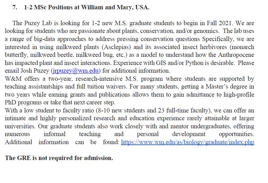 7. 1-2 MSc Positions at William and Mary, USA.W&M offers a two-year, research-intensive M.S. program where students are supported by teaching assistantships and full tuition waivers.9/n