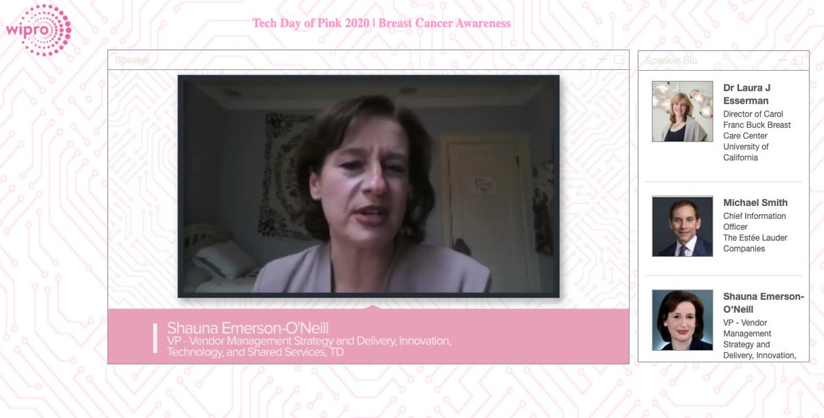 Wipro's tweet image. We are moved - and privileged - to hear Shauna Emerson-O&apos;Neill share her mother’s #BreastCancer battle. Shauna makes an important point about dignity and emotional support during the acute care stage. #TechInPink2020 #TimeToEndBreastCancer