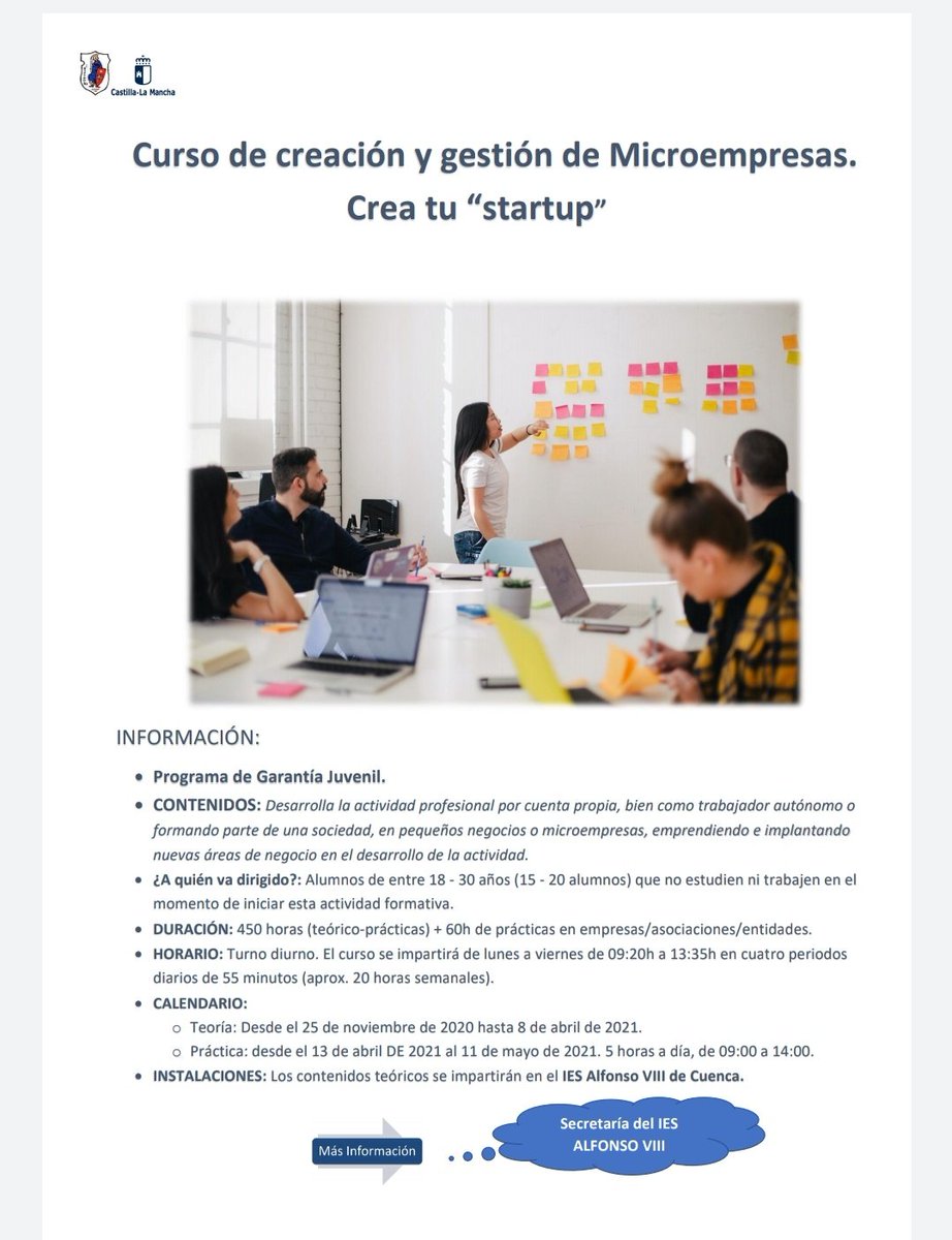 educomerciomk's tweet photo. Oferta formativa #GarantiaJuvenil en #IESAlfonsoviii de #Cuenca:
✅ Comunicación digital y reputación online
 ✅ Iniciación al Comercio Internacional
✅ Creación y gestión de Microempresas. Crea tu start-up.
Más información ☎️ 969 233 764 (Secretaría) 
@IESALFONSOVIII
@educajccm https://t.co/TvUD86FSHW
