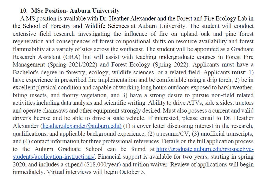 10. MSc Position- Auburn UniversityFinancial support is available for two years, starting in spring 2020, and includes a stipend ($18,000/year) and tuition waiver12/n