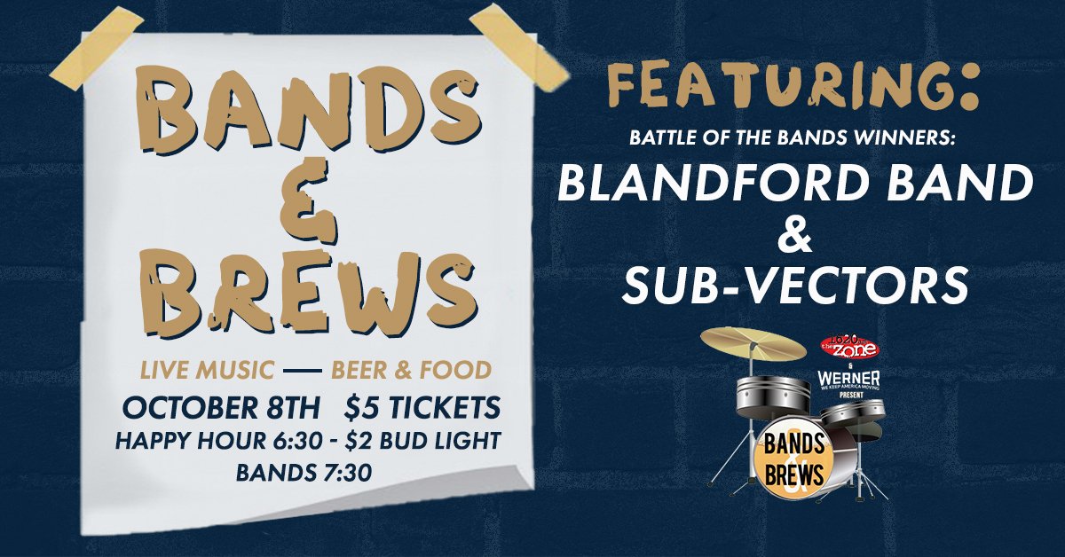 OMAStormChasers's tweet photo. Our final Bands &amp; Brews is tonight! We'll have $2 Bud Light before two local bands take the stage, Blandford Band and the Sub-Vectors.

It's going to the perfect night for food, beer and live music, get your tickets now: https://t.co/agZWexUTBO https://t.co/8Vq18Y1hRw