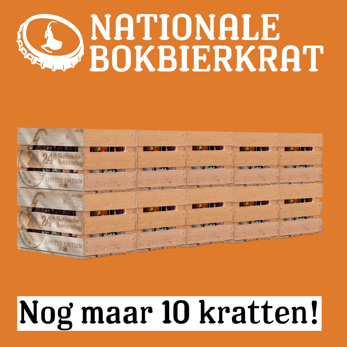 Bokbierdag's tweet photo. De laatste 10 kratten, nu in de verkoop! 
Wees er dus snel bij!

Zaterdag tijdens de Bokbier Drive zijn er geen kratten te koop! Je kunt je krat alleen afhalen met je factuur (bewijs van betaling).

De veiling van speciale kratnummers loopt vanavond om 19:30 uur af! https://t.co/rSngLkJQGB
