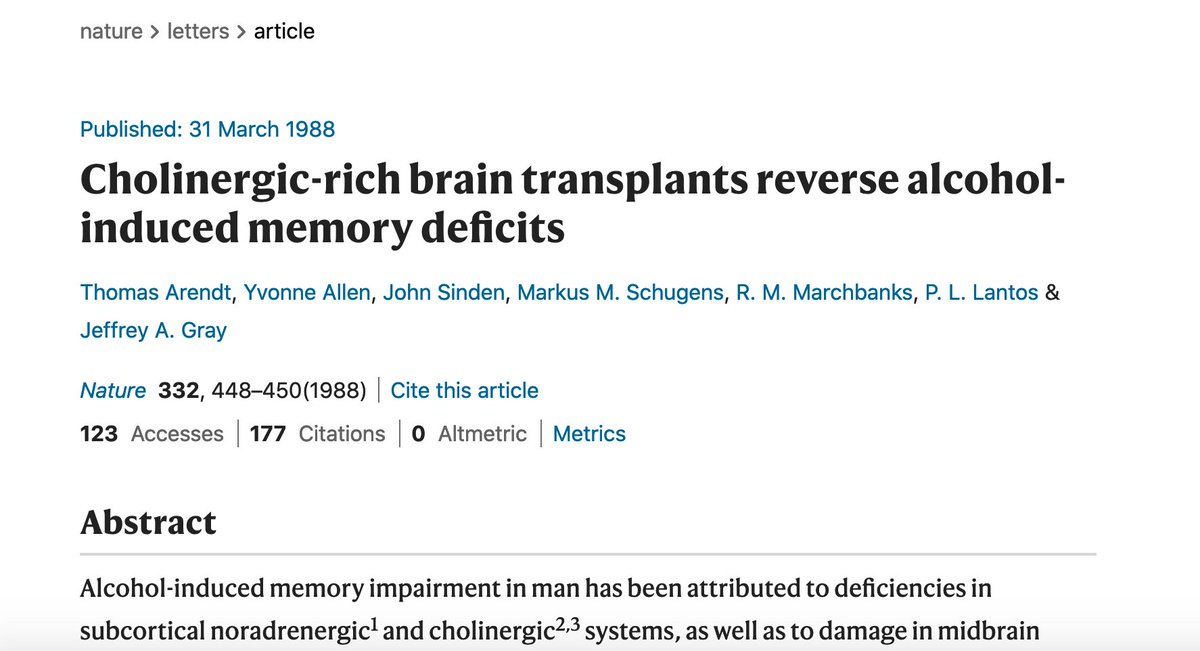 worried about alcohol-induced memory loss? don't! all you need is a brain transplant https://www.nature.com/articles/332448a0