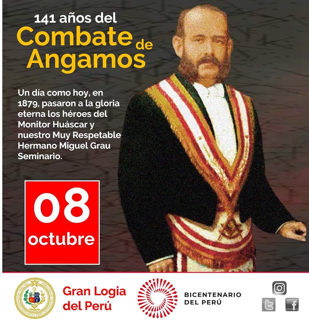 GLogiaPeru's tweet photo. 141 años del Combate de Angamos / Un día como hoy, en 1879, pasaron a la gloria eterna los héroes del Monitor Huáscar y nuestro Muy Respetable Hermano Miguel Grau Seminario.
 #GranLogiaDelPerú #OchoDeOctubre #CombateDeAngamos #MiguelGrau https://t.co/gywT6Hepgc