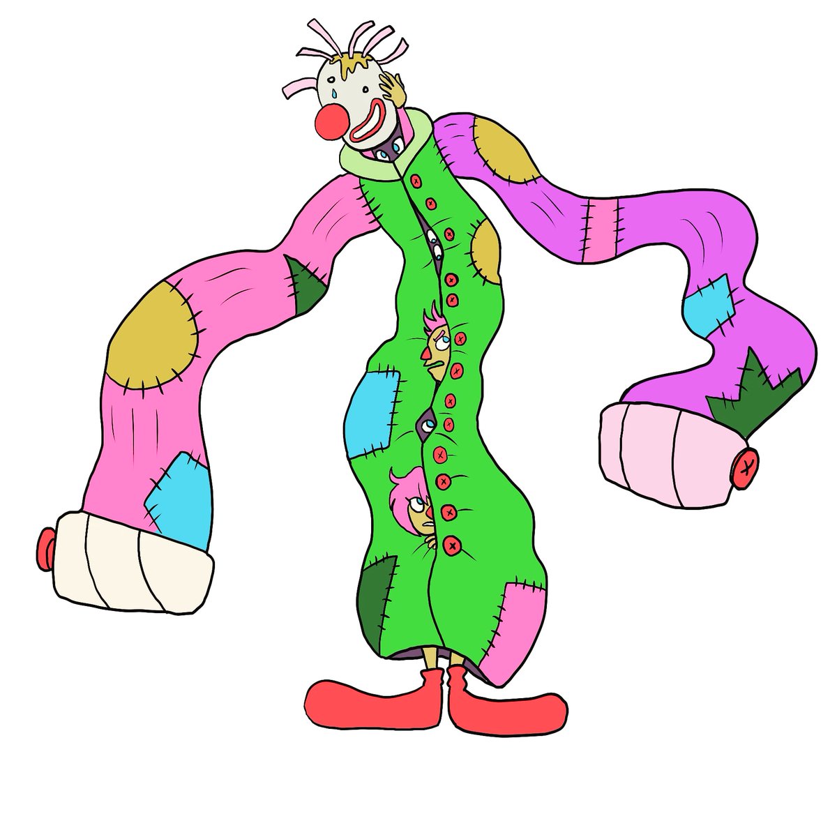 #honktober day 8! This is Wiggles, who is a clown. If he had a group of clowns inside of him, they would be the Quip siblings who belong to the Eggluck house.Wiggles doesn't have clowns inside of him, that would be silly
#inktober2020 #drawtober2020 #drawtober #drawloween2020