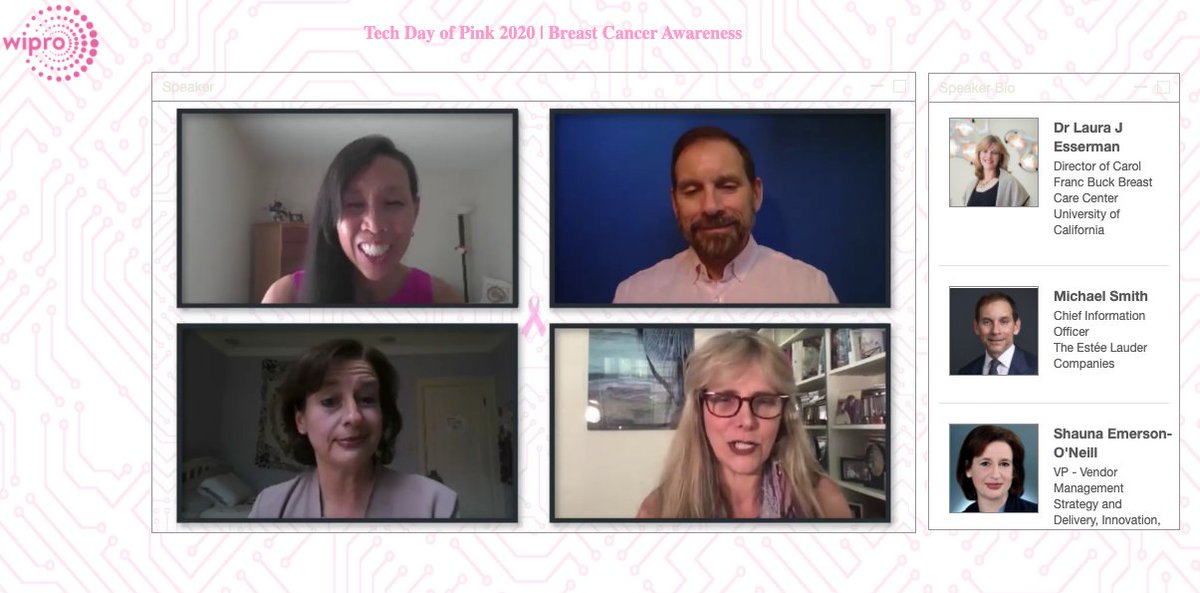 Wipro's tweet image. Technology is making #BreastCancer consultations &amp;amp; visitations easier: @DrLauraEsserman highlights the treatment options &amp;amp; safety measures in place for breast cancer support during #COVID19. &quot;Cancer care is as urgent as COVID19.&quot; #TechInPink2020

#TimeToEndBreastCancer