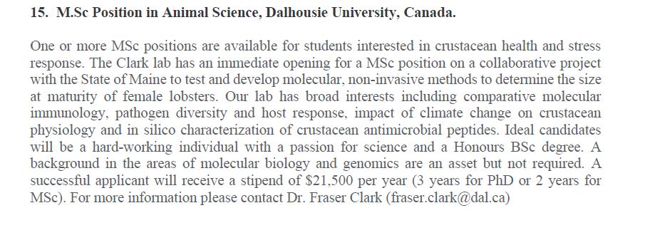15. MSc Position in Animal Science, Dalhousie University, Canada.The Successful applicant will receive stipend of $21,500/yr (2 years for MSc). For more information please contact Dr. Fraser Clark (fraser.clark@dal.ca)17/17.Next Part 3. @NoahAluko  @jueedalo  @toheebadura