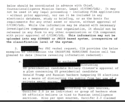 This memo was a CIA direction to Strzok to conceal all of this information from the rest of the FBI. It said to tell a single SSA only. It said it could not be used for anything other than generating leads or for situational awareness.