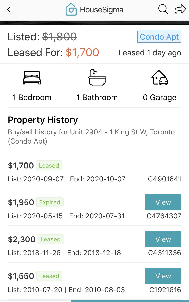 The Latest in Toronto RentsThis 1 bd condo (parking included) was just leased at a $600/month (26%) discount from the 2018 rented price, which means likely a $30% drop from peak.25-30% drop in rents becoming a lot more common place. #cdnecon