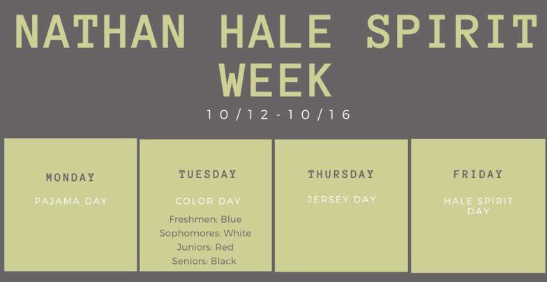 HaleSeniors21's tweet photo. Hey Nathan Hale!! I know that due to certain circumstances we can’t have a traditional Homecoming week, but our Senior Council planned out some fun spirit days! Make sure to retweet &amp; share with friends 💚💚 Spirit Week will start 10/12 with Pajama Day https://t.co/1zpDD2DyTX