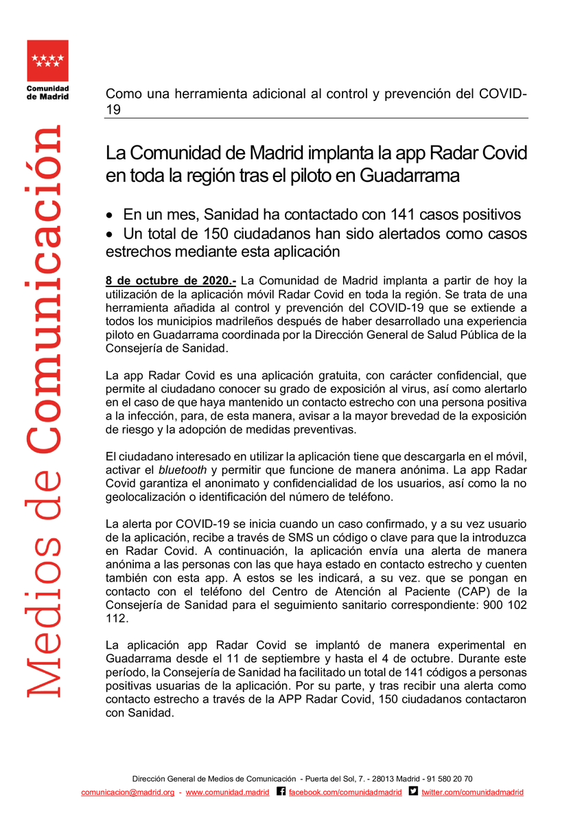 La <a href="/ComunidadMadrid/">Comunidad de Madrid</a> implanta la app Radar Covid en toda la región tras el piloto en Guadarrama

#Coronavirusmadrid #siempreconmascarilla