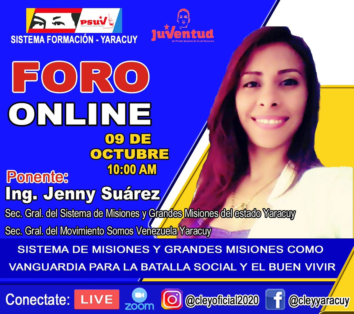 #Mañana el sistema de formación del @partidopsuv #Yaracuy tiene un foro online con la Ing. @jennysomosvzla.
Hora: 10 AM / Para entrar a la reunión puedes acceder al siguiente link
us04web.zoom.us/j/75163220268?…
ID de reunión: 751 6322 0268
Código de acceso: 8ckMzK