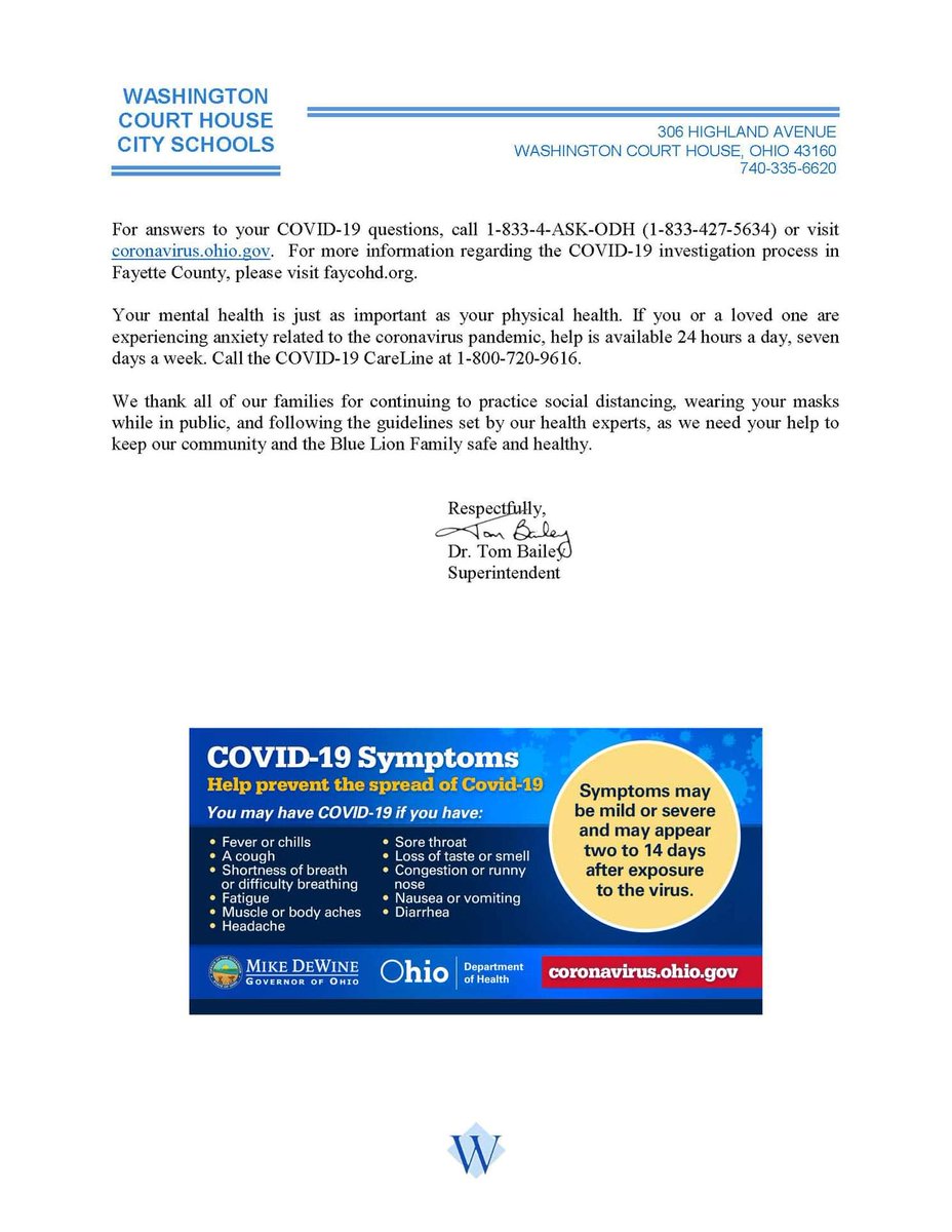 WCHCS learned today from <a href="/faycohd/">Fayette County Public Health (Ohio)</a> about two confirmed cases of COVID-19 at Washington Middle School.

Pictured you will find the letter that will be sent home with all WMS students today.

At this time, WMS &amp; WCHCS will remain in school on a regular schedule.

#InThisTogetherWCH