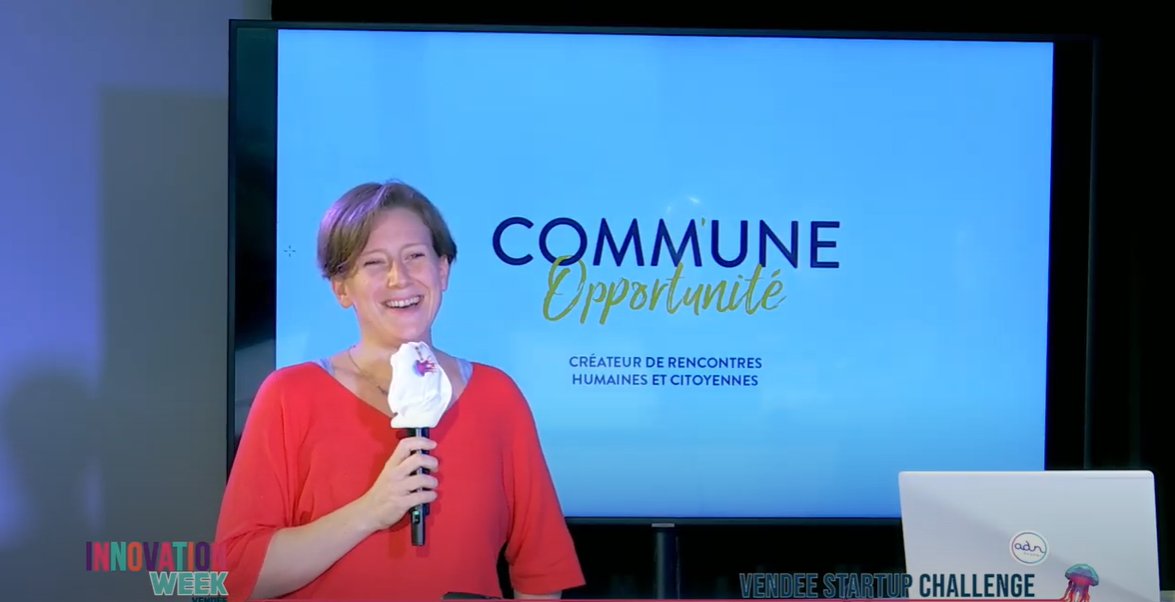 1er pitch de la soirée "Comm'une opportunité permet à des porteurs de projet et des communes de se rencontrer afin d'installer de façon pérenne de nouveaux services et commerces dans les centres-villes &amp; centres-bourgs français" <a href="/Commune_opp/">Comm'une opportunité</a> <a href="/InnoWeek85/">InnoWeek85</a>
