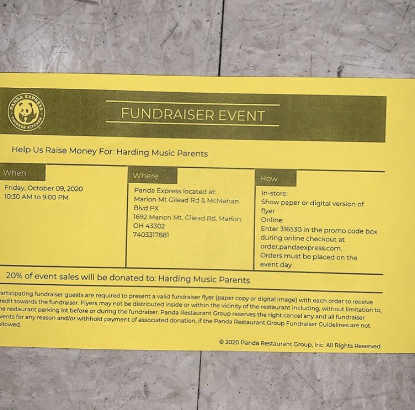 Hello you wonderful people! We are having our first fundraiser of the season this friday October 9th at panda express! present this picture or your paper copy when you’re checking out and 20% of the proceeds will go to the music parents!