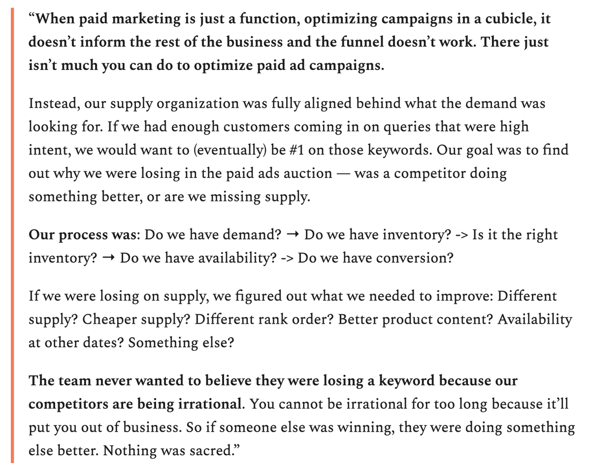 1/ Their performance marketing team drove their supply strategy"When paid marketing is just a function, optimizing campaigns in a cubicle, it doesn’t inform the rest of the business and the funnel doesn’t work. There just isn’t much you can do to optimize paid ad campaigns."