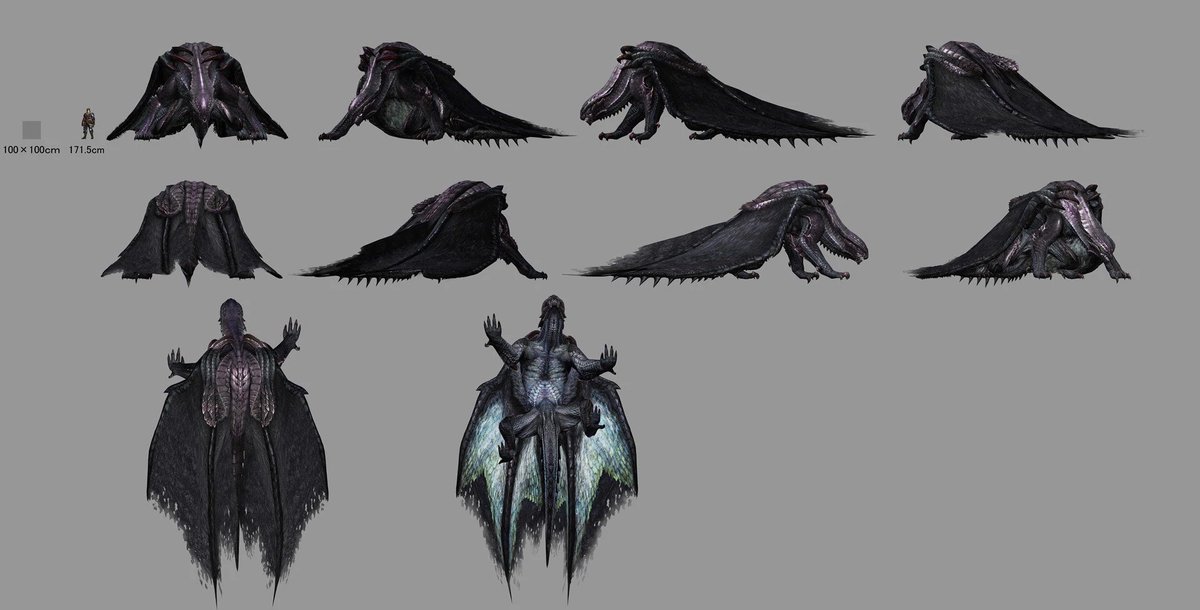 One of Gore Magala's most striking features is its wings. Folded on its back like a cape, Gore Magala drags the ends of its wings on the ground as it wanders from place to place. Gore Magala usually walks in a hunch-like position as it walks on all fours.