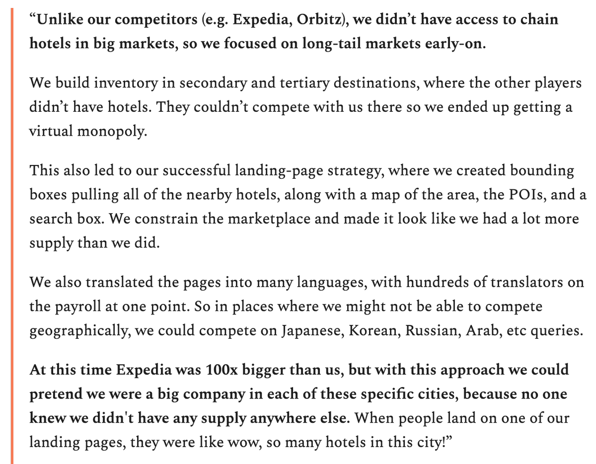 4/ They turned disadvantages into advantages"Unlike our competitors, we didn’t have access to chain hotels in big markets, so we focused on long-tail markets early-on. So we build inventory in secondary and tertiary destinations, where the other players didn’t have hotels."