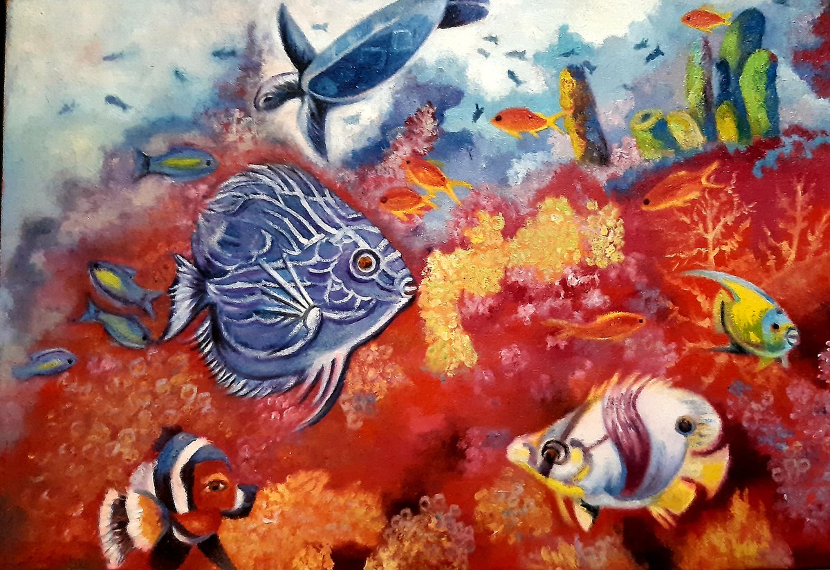 #urmiarts, FISH'S GOSSIP-2, Handmade oil painting on canvas,17×12', price ₹3,900 ( Included GST,SHIPPING),CONTACT us messenger Twitter, E-MAIL urmigupta831@gmail.com #artisturmiguptaoilpainting #ArtLovers #artworks #wallpaintingforsale #interiordecor #ordernow #art_4share #art