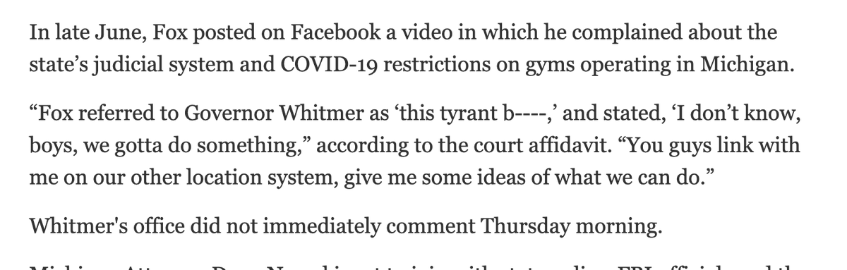Adam Fox (to be charged with conspiring to kidnap Gov. Gretchen Whitmer) posted a video this June complaining about COVID-19 restrictions on gyms in the state, feds say https://www.detroitnews.com/story/news/local/michigan/2020/10/08/feds-thwart-militia-plot-kidnap-michigan-gov-gretchen-whitmer/5922301002/