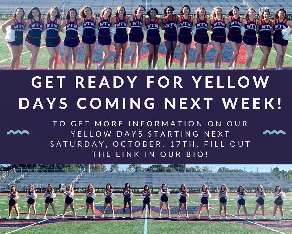 wtwdance's tweet photo. Yellow Days are coming!!! 😍🙌☀️🌻💛 Please make sure you have sent your forms to the Woodson Athletic Trainer and fill out the link in our Insta bio to get updates and join our BandApp! We can’t wait to see you all soon! ⚔️💙❤️ #ONEWoodson #CavStrong #VirtuallyUnstoppable https://t.co/Qr1qRp9Mhb