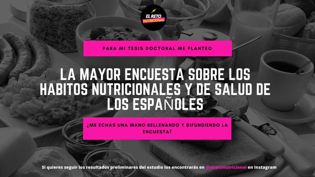 Helensandri's tweet image. Para mi TESIS DOCTORAL 👩‍🎓queremos realizar la más extendida investigación sobre los Hábitos nutricionales y sociales de la población española.🍏🍉🥘🍕

¿Nos ayudas rellenando la siguiente encuesta?
TOTALMENTE ANÓNIMA y SIN ANIMO DE LUCRO  forms.gle/ZNwjKGSmNrDbEF…