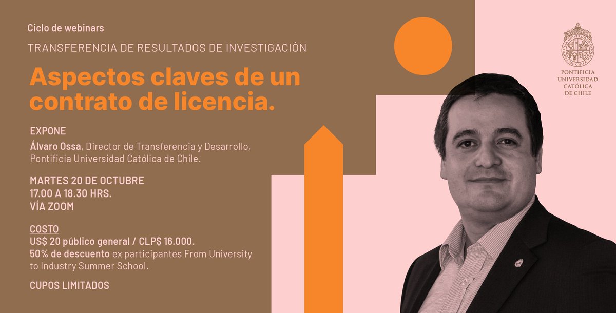 Ofrecemos una oportunidad de capacitación en temas de transferencia tecnológica. El taller, impartido por <a href="/AlvaroOssaD/">Alvaro Ossa</a> y dirigido a profesionales de Chile y Latam, se realizará por Zoom el martes 20 de octubre a las 17:30hrs. (Chile), 15:30 (Perú). 
transferenciaydesarrollo.uc.cl/inscribete-en-…