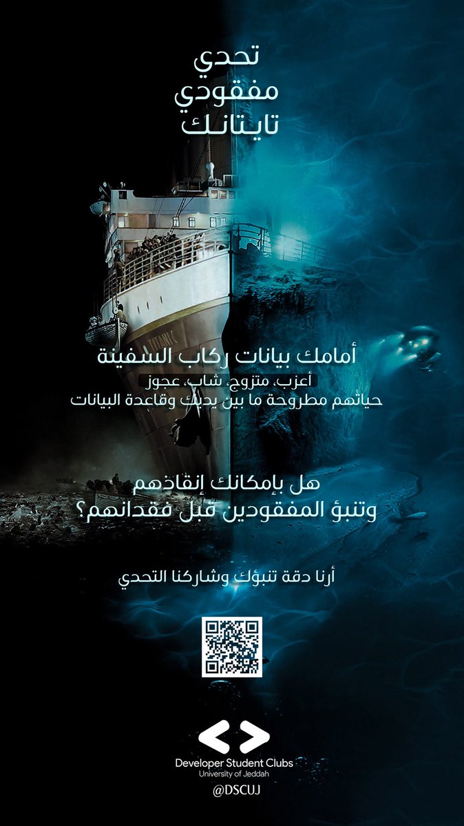 حان اليوم الموعود..

يوم إنقاذ الأرواح قبل أن تُفقد في أعماق المحيط.. ⚓️

فقط أنت وحاسوبك قادرين على إنقاذهم..

نحن نعلم أنك تقدر على ذلك، أرنا قدرتك! 

شارك في #تحدي_مفقودي_تايتانك عبر:
sites.google.com/view/dscuj/home
