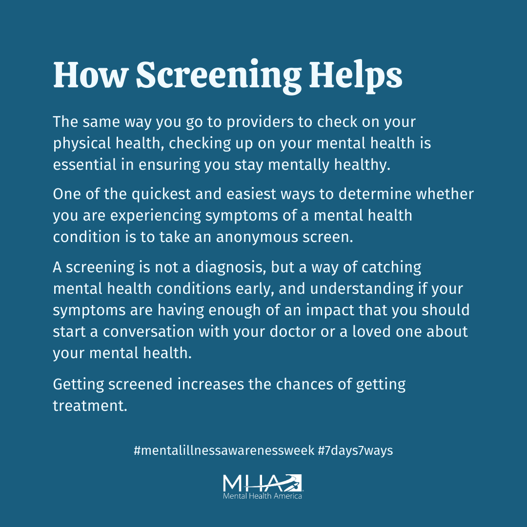 MentalHealthAm's tweet photo. Today is #NationalDepressionScreeningDay! Get screened at https://t.co/I4frsfoon6. The depression screen is also available in Spanish: [https://t.co/BiVTodBFwn] #MentalIllnessAwarenessWeek #7days7ways https://t.co/XAriKjRn2w