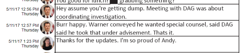 It is important to note that DAG Rosenstein came in to brief Burr & Warner on something while or before McCabe was being interviewed.