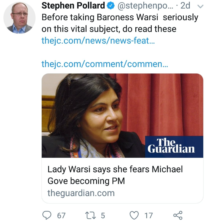 And when a Muslim raises a concern about her fears about the views of a senior politician on Muslims, the editor of the Jewish Chronicle chooses to try and slur her. https://twitter.com/stephenpollard/status/1111621778655326209