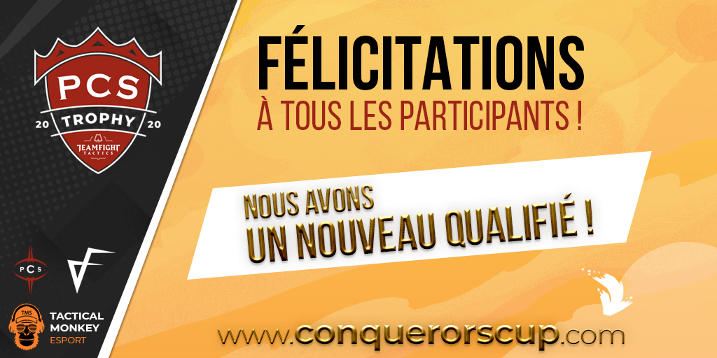 Hier soir nous avons eu un nouveau qualifié pour la #ChampionsCup du #PCSTROPHY #TFT !

Félicitations à tous et surtout à :
🥇@Hg1er 

Inscrivez-vous pour samedi :
conquerorscup.com

<a href="/monkey_esport/">Tactical Monkey eSport</a> <a href="/ValkyrFactory/">Valkyr Factory</a> 
#gaming #esport #tournois #tournoi