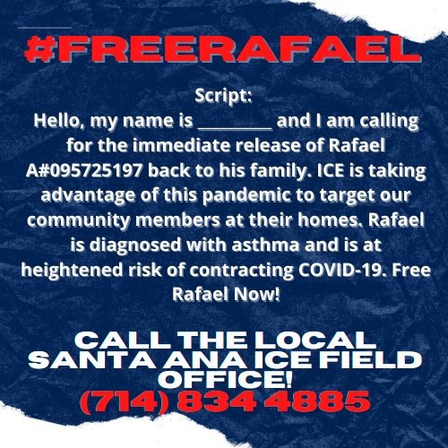 🚨URGENT CALL TO ACTION!!! 🚨

ICE kidnapped a beloved community member, father of 4, in Garden Grove this morning. We are asking all allies to call the Santa Ana Field Office NOW and demand Rafael’s immediate release. ☎️
—
#FreeRafael #EndAllICETransfers #FreeThemAll