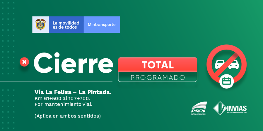 numeral767's tweet photo. ¡Buenos días! 

#NovedadVial Departamento de #Caldas se presenta cierre total programado. 

#EnDesarrollo 

Trabajamos para mantenerte informado. https://t.co/49TFIGcAzX