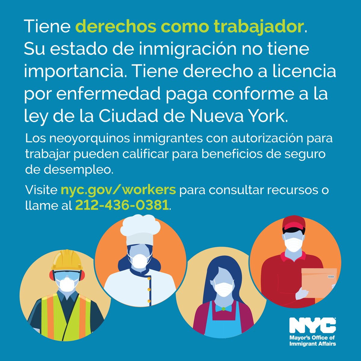 HungerFreeUSA's tweet photo. You have a right to paid sick leave in #NewYorkCity, regardless of your immigration status. You may also qualify for unemployment insurance, without realizing. Visit https://t.co/7vI8uoZ314 or call 212-436-0381 to find out. #SupportNotFear @NYCImmigrants @nycHealthy https://t.co/oFgT40E0Em