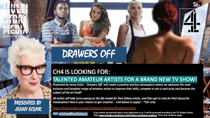 DRAWERS OFF #jennyeclair 
CH4 is looking for vibrant AMATEUR ARTISTS of all ages to show off your skills to win a cash prize. You will also take turns to become the subject of the art as the life drawing model and be the judge of your competitors work! 
itvuk.etribez.com/ag/multistory/…