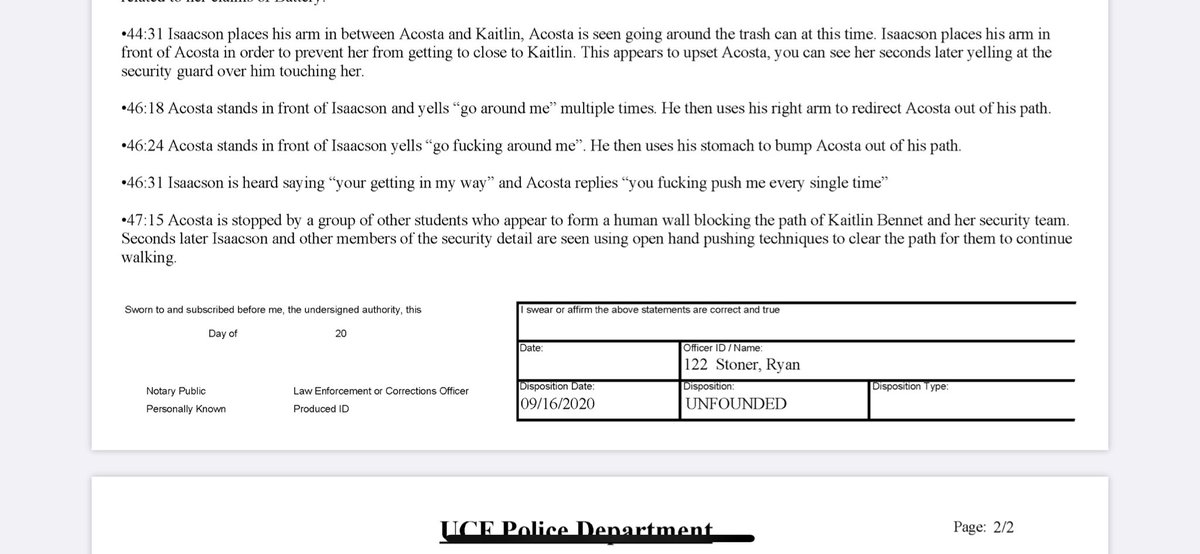 UCFKnightNews's tweet photo. Here is the outcome of the battery investigation last time Kaitlin Bennett came to #UCF.
A woman wanted to press charges against the security guard, but #UCFPD said they would be unable to establish probable cause for battery and declared the battery โUNFOUNDED.โ https://t.co/BzdkIFMxGN