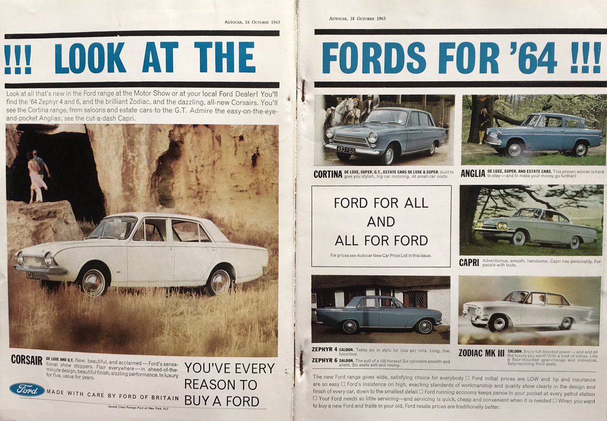 AutocarArchive's tweet photo. Advertisement from The Autocar, October 1963 #AUT6310

More models from #FoMoCo #Dagenham ‘s finest Anglias, Cortinas, Capris, Zephyrs and Zodiacs. No mention of Consuls whether 375, Classic or otherwise. 

Oh and don’t forget the pointy-snouted V4 #FordCorsair https://t.co/9BYRhIv56S