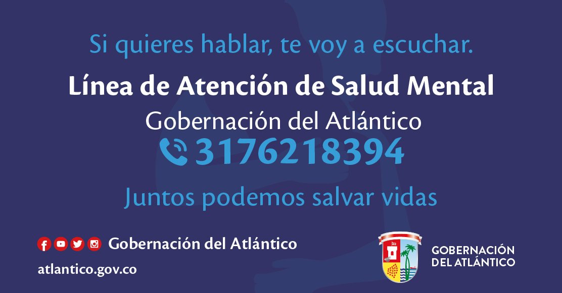 salud_atlantico's tweet photo. Sabemos que este tiempo de pandemia no ha sido fácil, cuidar de la salud mental es una prioridad.

Desde la gobernación del Atlántico te brindamos el apoyo que requieres.

Llama a la línea 3176218394,  estamos para escucharte. https://t.co/QLQBzGPhT7
