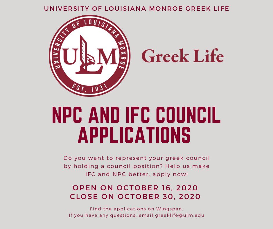 Don’t miss this opportunity to represent your chapter and work to improve Greek Life! Applications can be found on Wingspan!