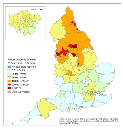 Covid cases map for the UK. Doesn't look as scary as last week - last week darkest red was for greater than 45 cases per 100,000.It's now greater than 335 cases per 100,000.If this was using the same colour scheme as last week, *everything yellow or above would be dark red*.