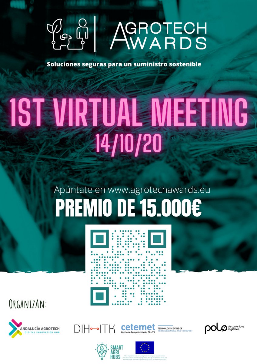 🗓️ El 14 de octubre a la 13:00h "Virtual Meeting", evento online gratuito donde se resolverán todas las dudas y detalles del reto #AgrotechAwards 
¡Inscríbete para recibir enlace para asistir! 
✍️⌨️ agrotechawards.eu